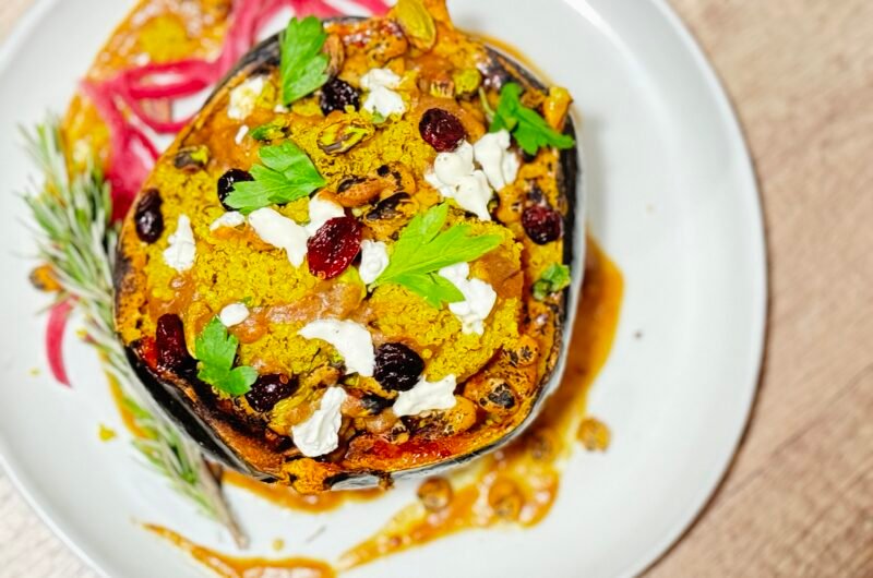 Charred Vegetarian Quinoa Stuffed Acorn Squash with Roasted Chickpeas